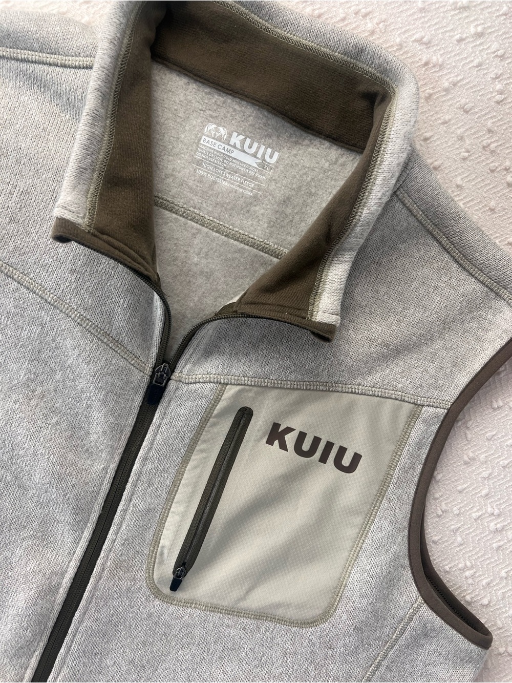 KUIU Heather Gray Fleece Vest with Tan Trim and Chest Zip Pocket